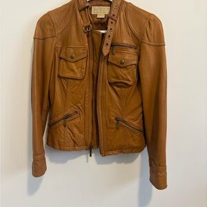 Michael Kors Cognac Brown Leather Zip Front Jacket